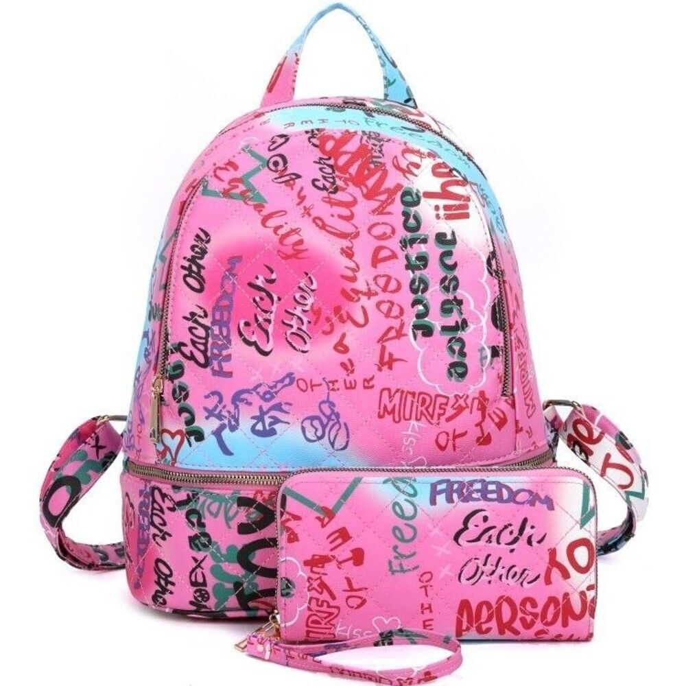 Neon Pink Multi Graffiti Backpack Set 2 in 1 Bookbag, Laptop Backpack for School
